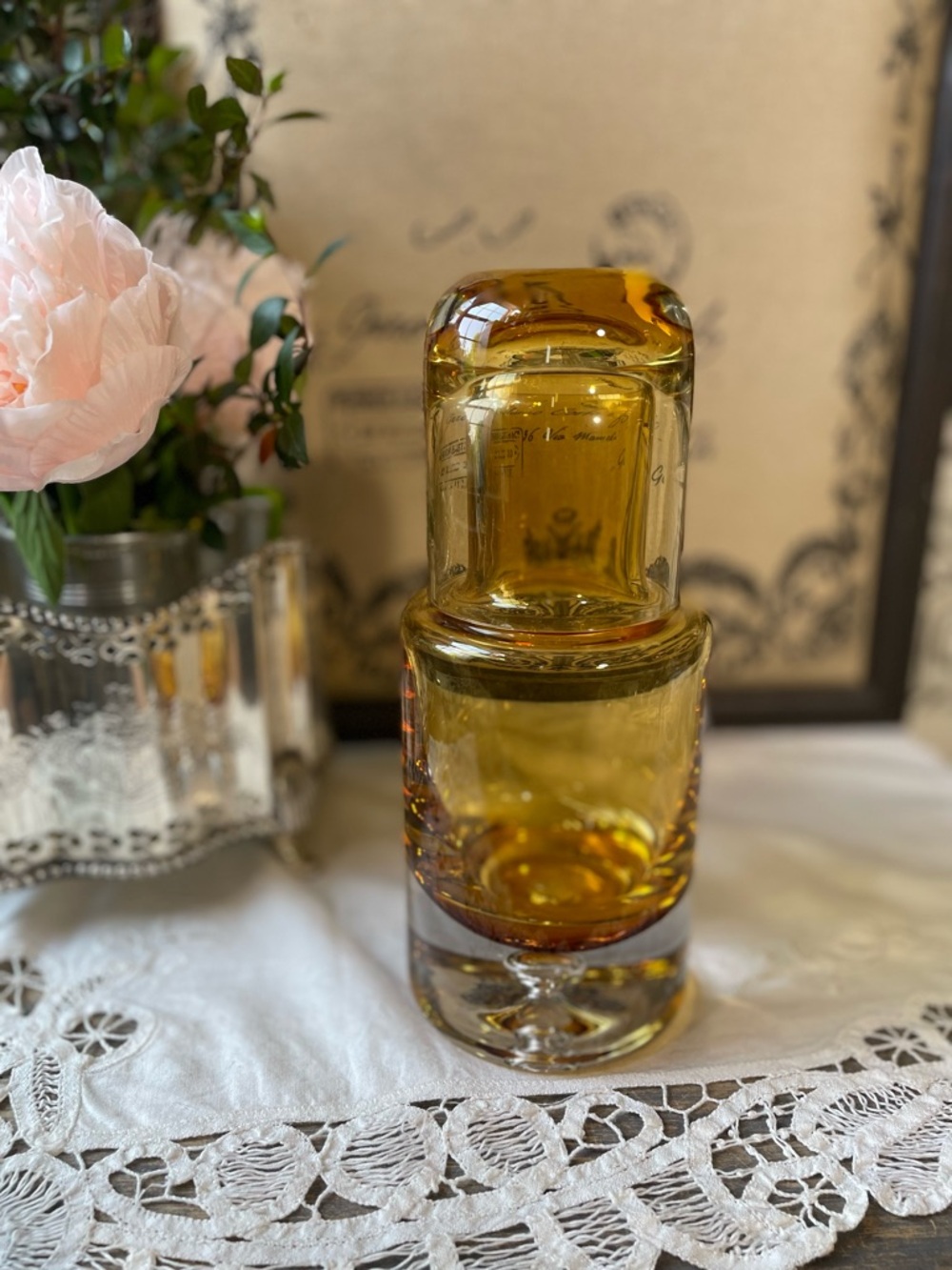 Vintage Krosno Poland Hand Blown Amber Clear glass Tumbler Carafe Barware